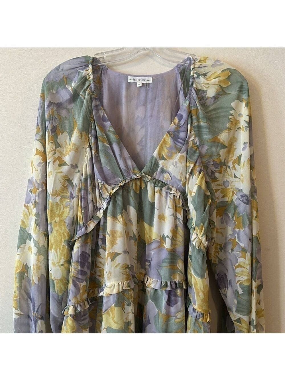 Free The Roses Voluminous Flowy Floral Mini Dress with Long Sheer Puff Sleeves - Picture 8 of 14